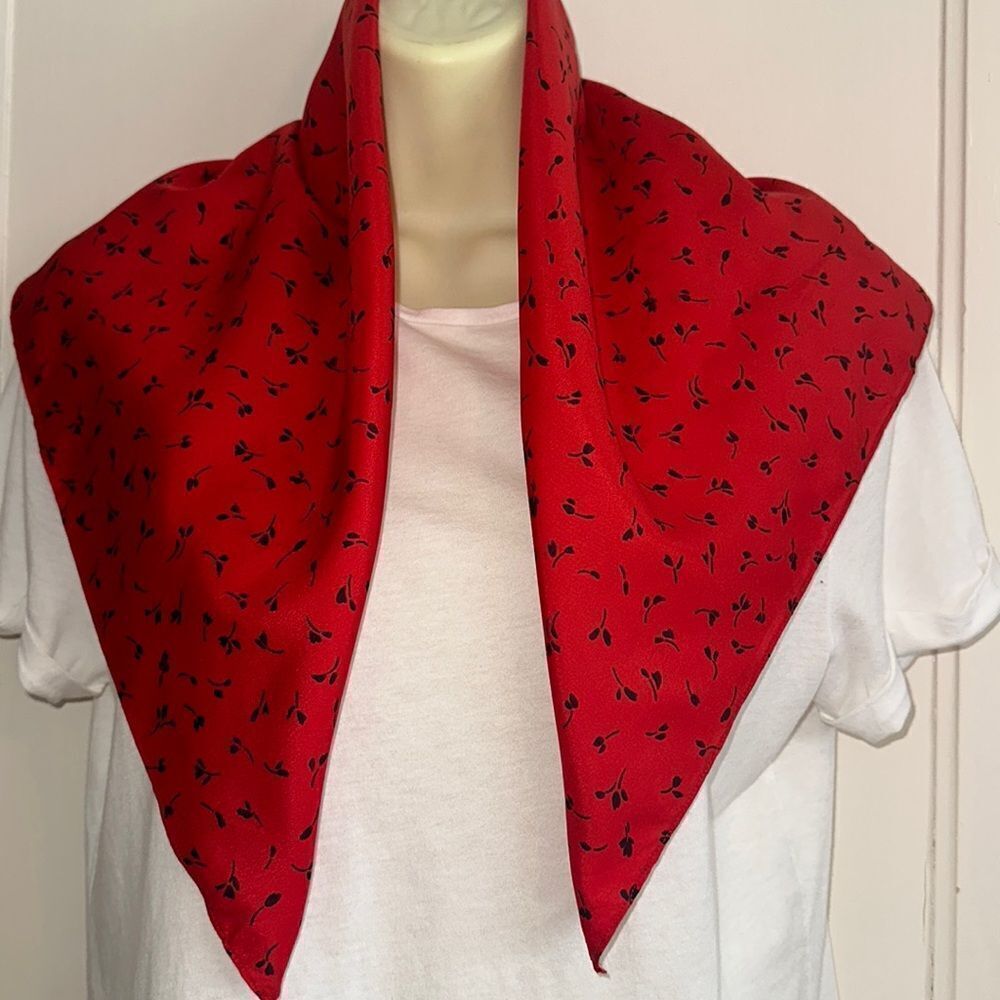 Red with small black floral print polyester square neck‎ scarf